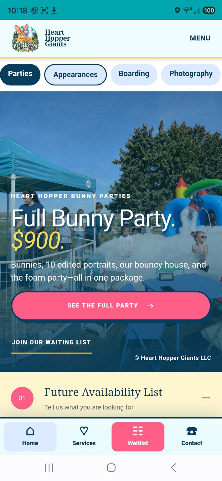 Heart Hopper Giants mobile website showing its Full Bunny Party with rabbits, a bouncy house, and a foam party