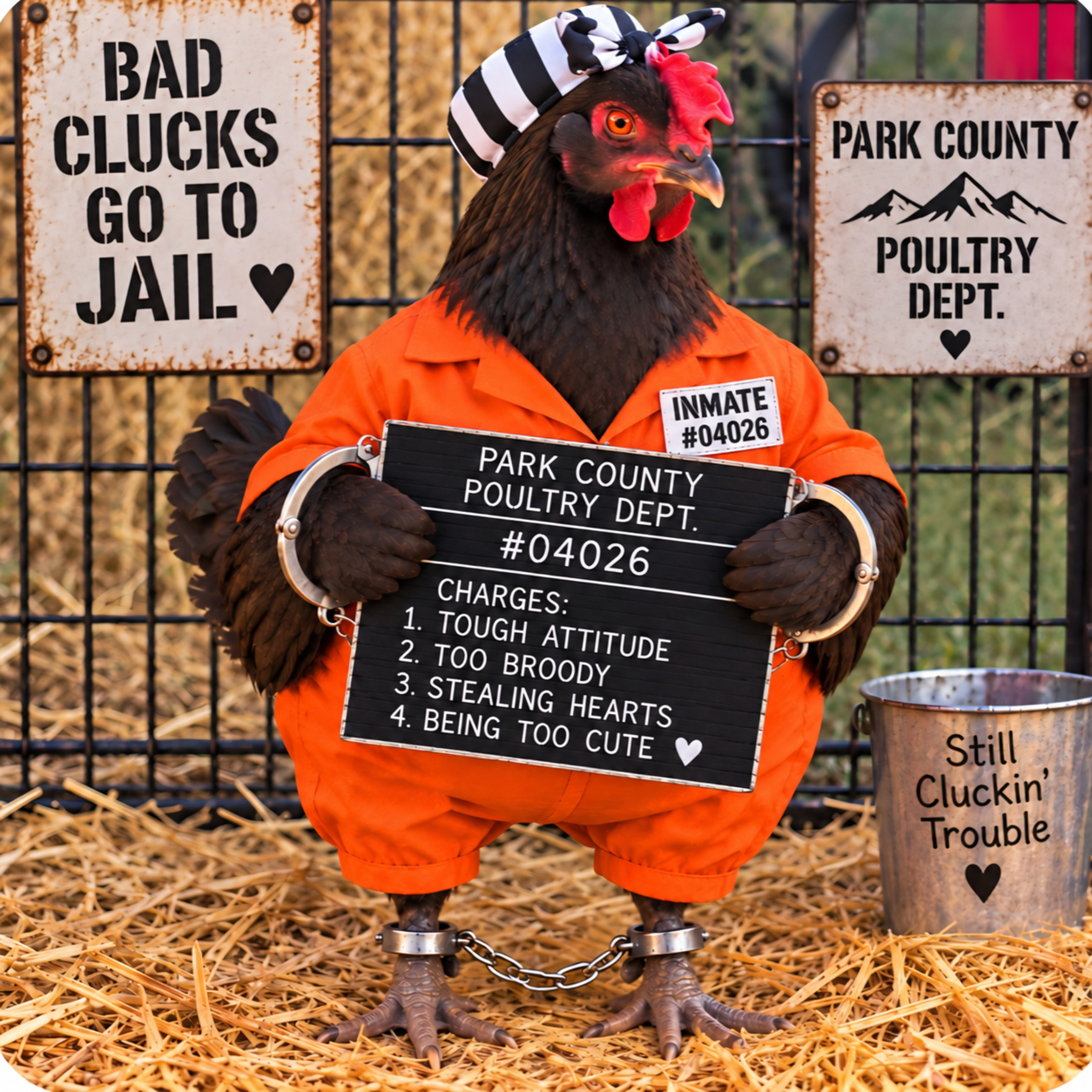 Humorous Park County poultry artwork featuring a chicken in an inmate costume